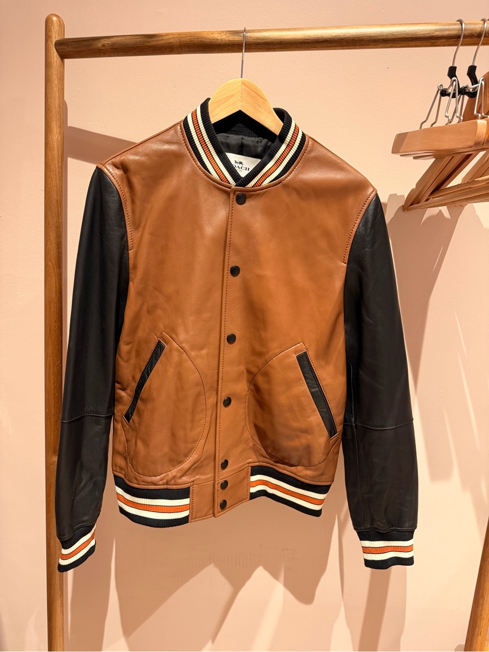 Coach Two-Tone Leather Bomber Jacket - Brown & Black